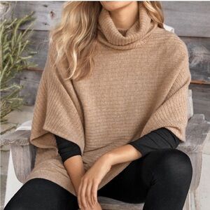 Garnet Hill Cashmere Turtleneck Horizontal Rib Poncho Sweater Cape in Tan | M